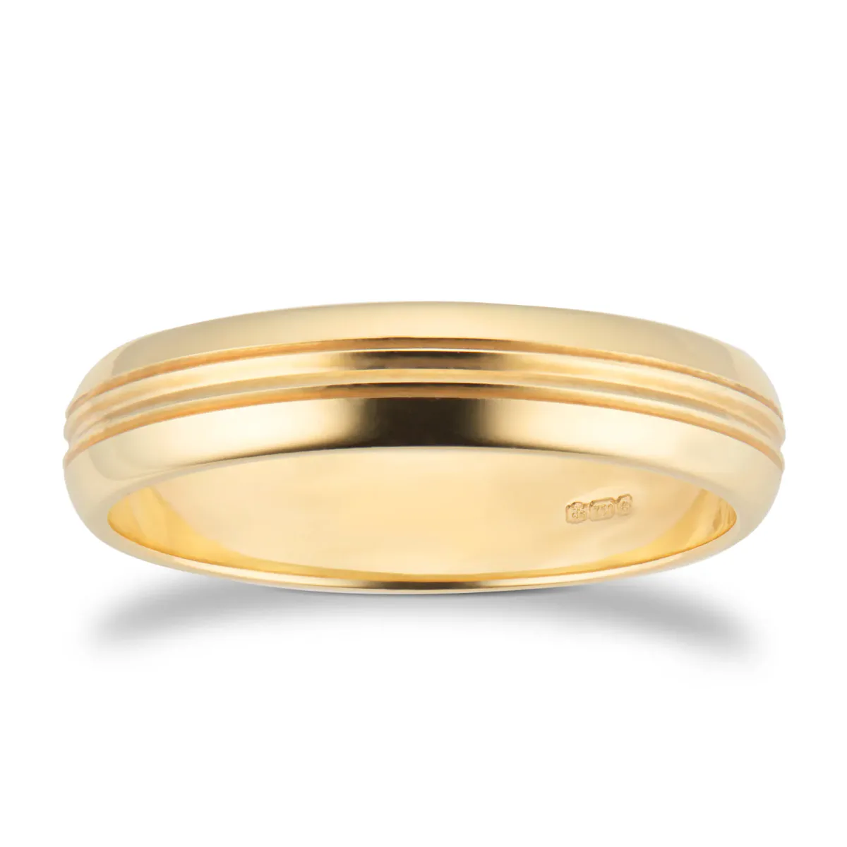 For Him 4mm D Shape Standard Grooved Polished Finish Wedding Ring In 18 Carat Yellow Gold