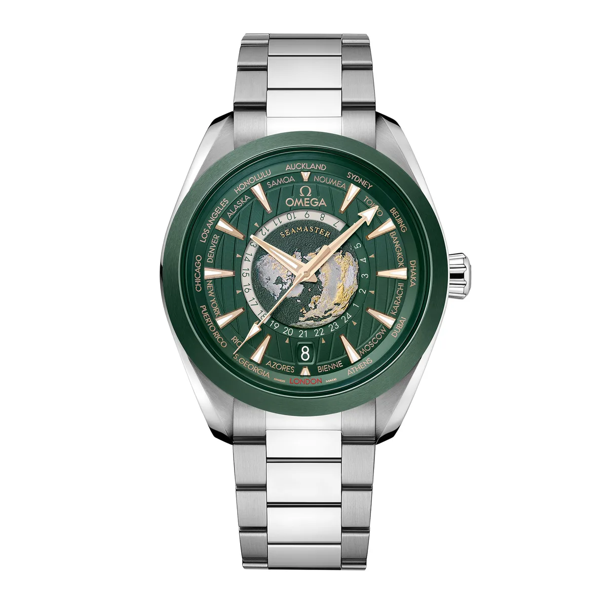 Omega Seamaster Aqua Terra 150m Co Axial Master Chronomaster GMT Worldtimer 43mm Mens Watch Green