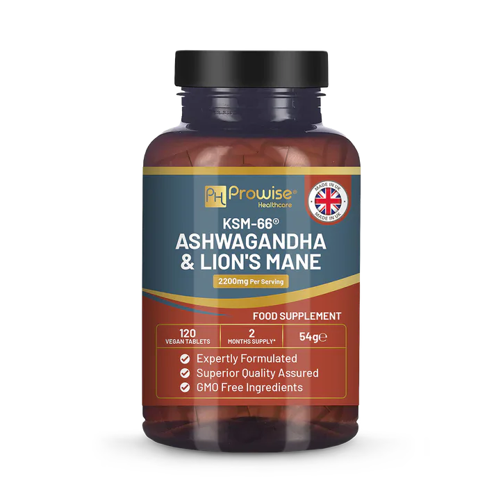 Prowise Healthcare KSM-66 Ashwagandha and Lions Mane Tablets - High Strength 2200mg 120 Vegan Tablets