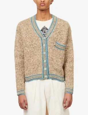 STORY MFG Bulb V-Neck Cotton Knitted Cardigan in DUST, additional product view 3