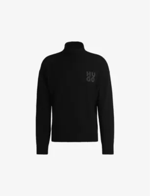 HUGO Logo-print roll-neck relaxed-fit wool-blend jumper