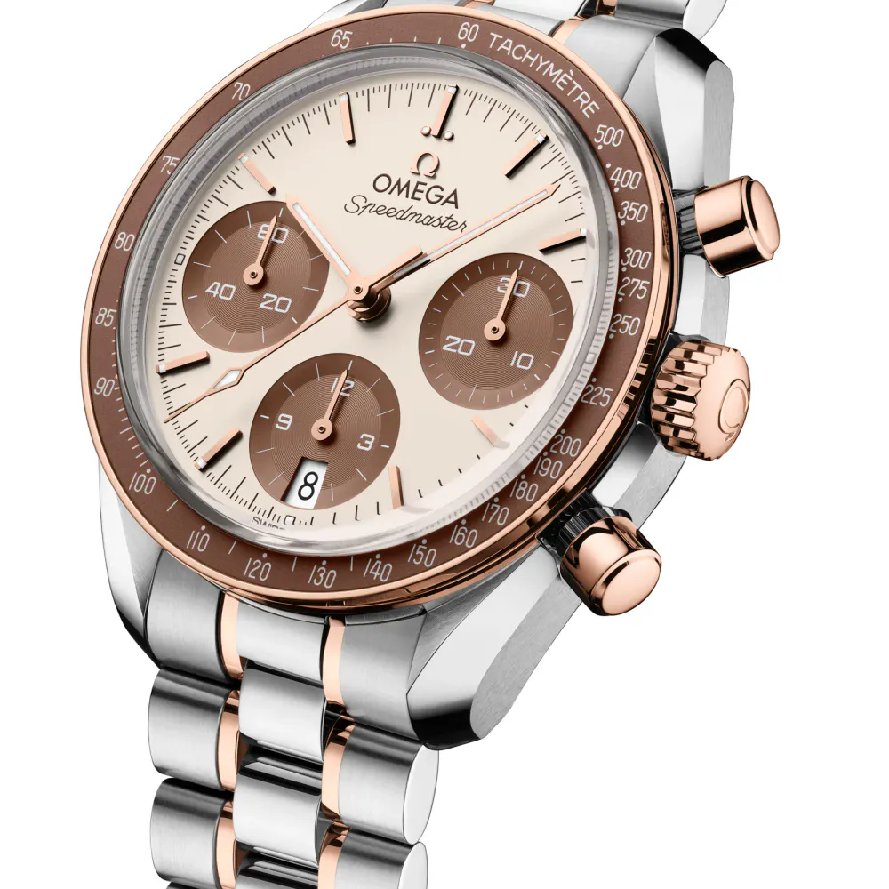 Omega Speedmaster 38mm White Dial Sedna Gold on Steel Watch in White, additional product view 2