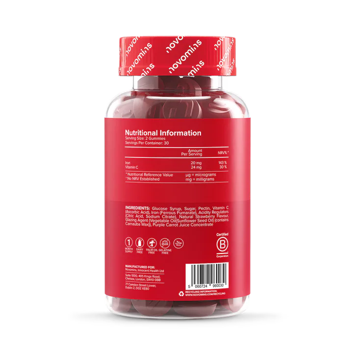 Novomins Iron 20mg + Vitamin C Strawberry Flavoured 60 Gummies detail 3