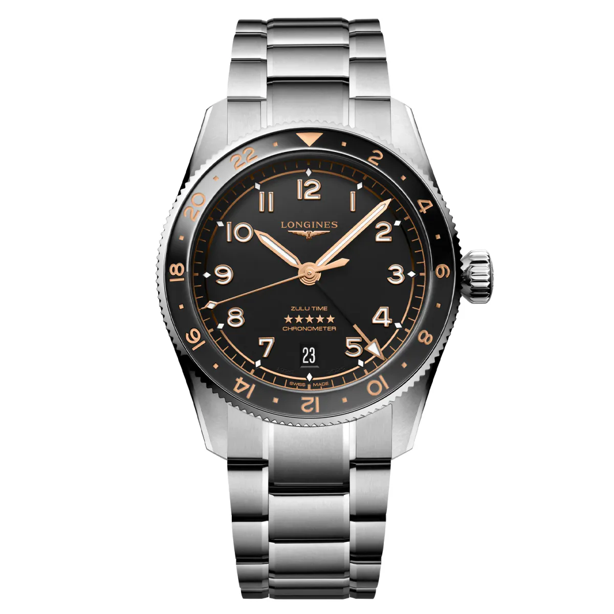 Longines Spirit Zulu Time 39mm Mens Watch Black