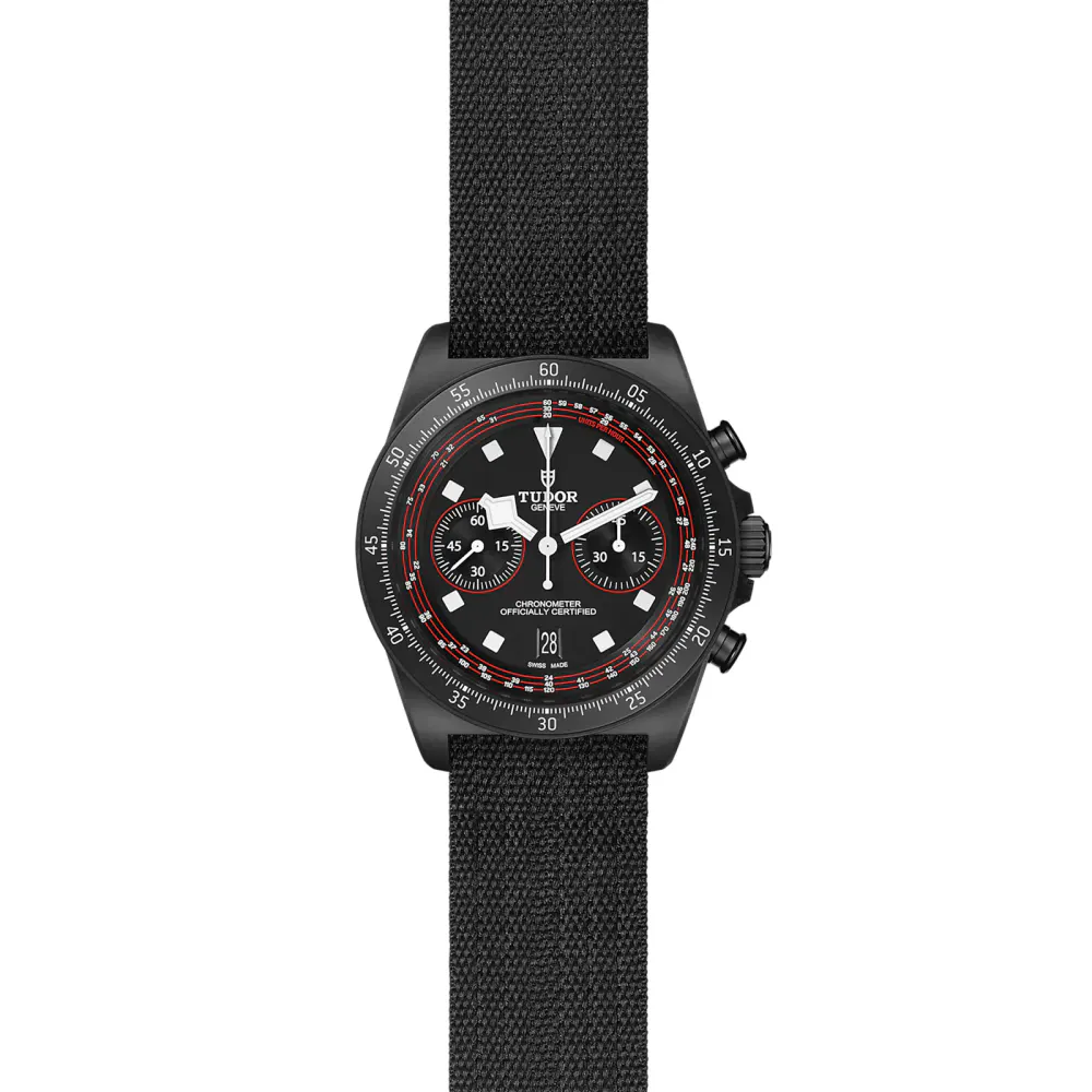 Tudor Pelagos FXD Chrono "Cycling Edition" 43mm black carbon composite case black fabric strap detail 2