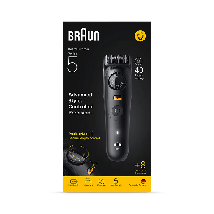BRAUN Beard Trimmer Series 5, +8 Styling Tools, 40 Lengths, Sharp Blade, BT5560, Black