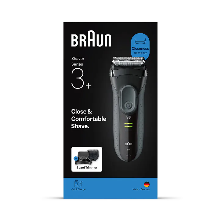 BRAUN Series 3+ Electric Shaver, Beard Trimmer Attachment, Dry, 3000BT, Grey