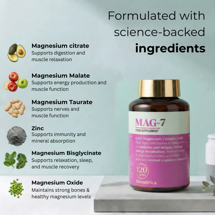Bionutrica Mag7 - Magnesium complex 7 in 1 with Glycinate, Malate, Citrate, Taurate, Lactate, Oxide and Zinc - 2400mg - 120 capsules detail 3