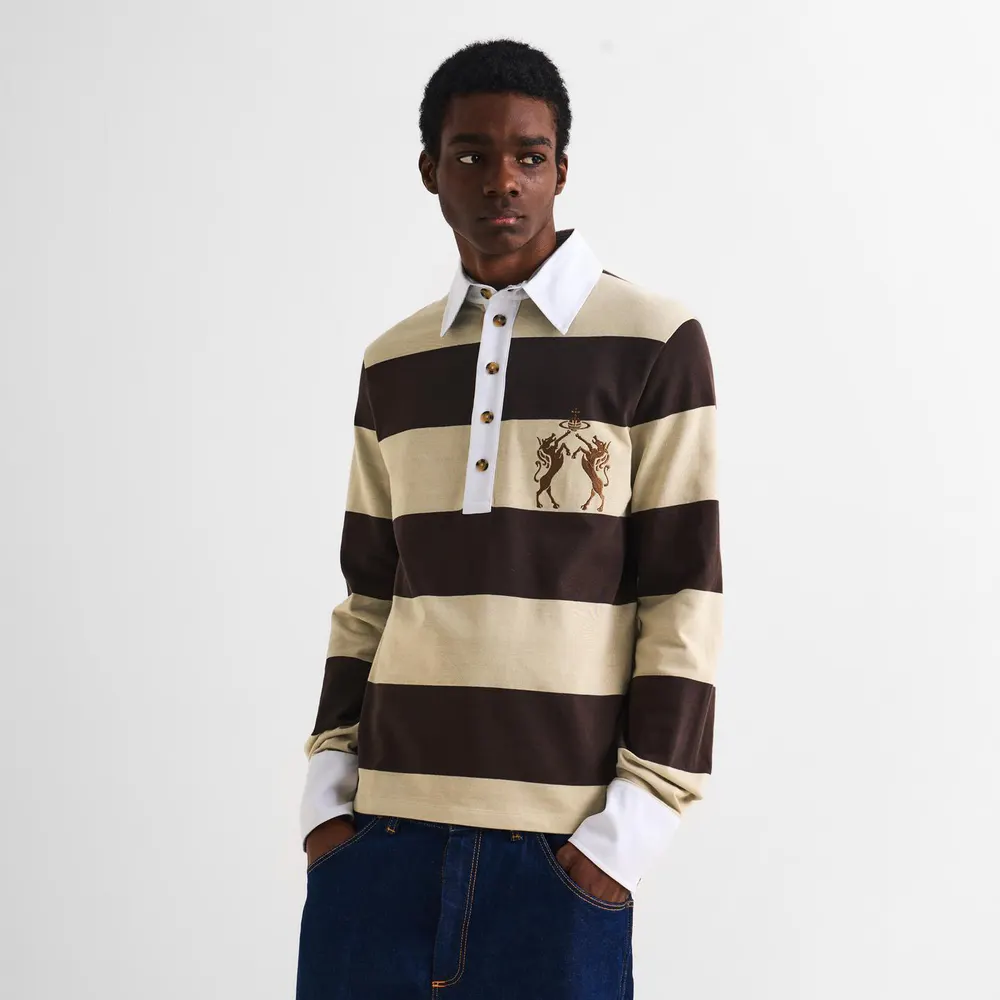 Vivienne Westwood Mens Striped Rugby Polo in Stone Brown, additional product view 3