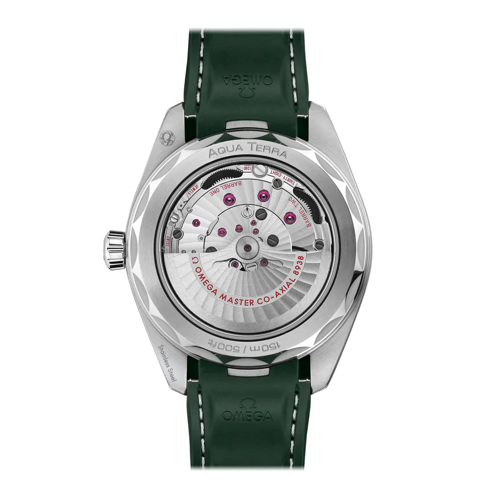 Omega Seamaster Aqua Terra 150m Co Axial Master Chronometer GMT Worldtimer 43mm Mens Watch Green Rubber detail 2