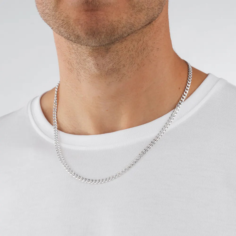 For Him Sterling Silver 4mm Panza Curb Chain Necklace detail 2
