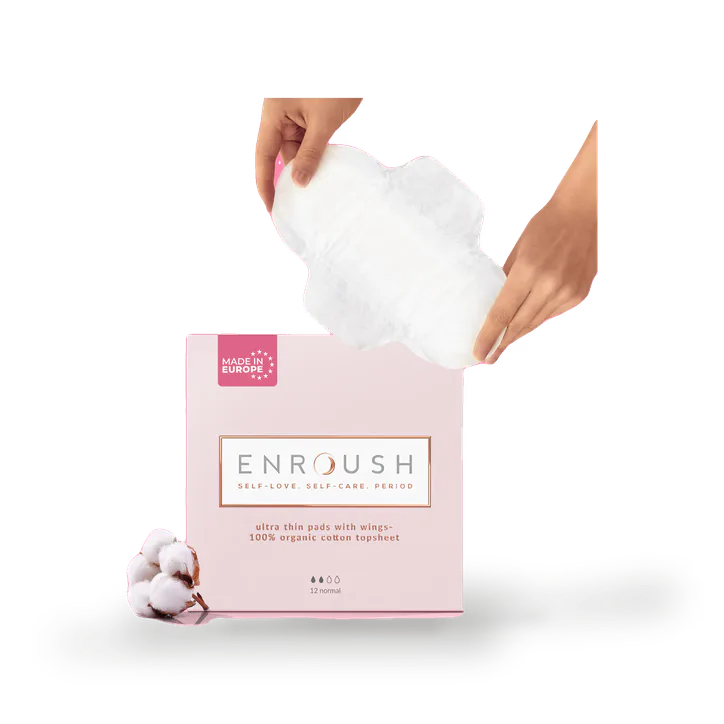 ENROUSH 100% Organic Cotton Topsheet Pads with Wings- 12 Pads- Normal Absorbency