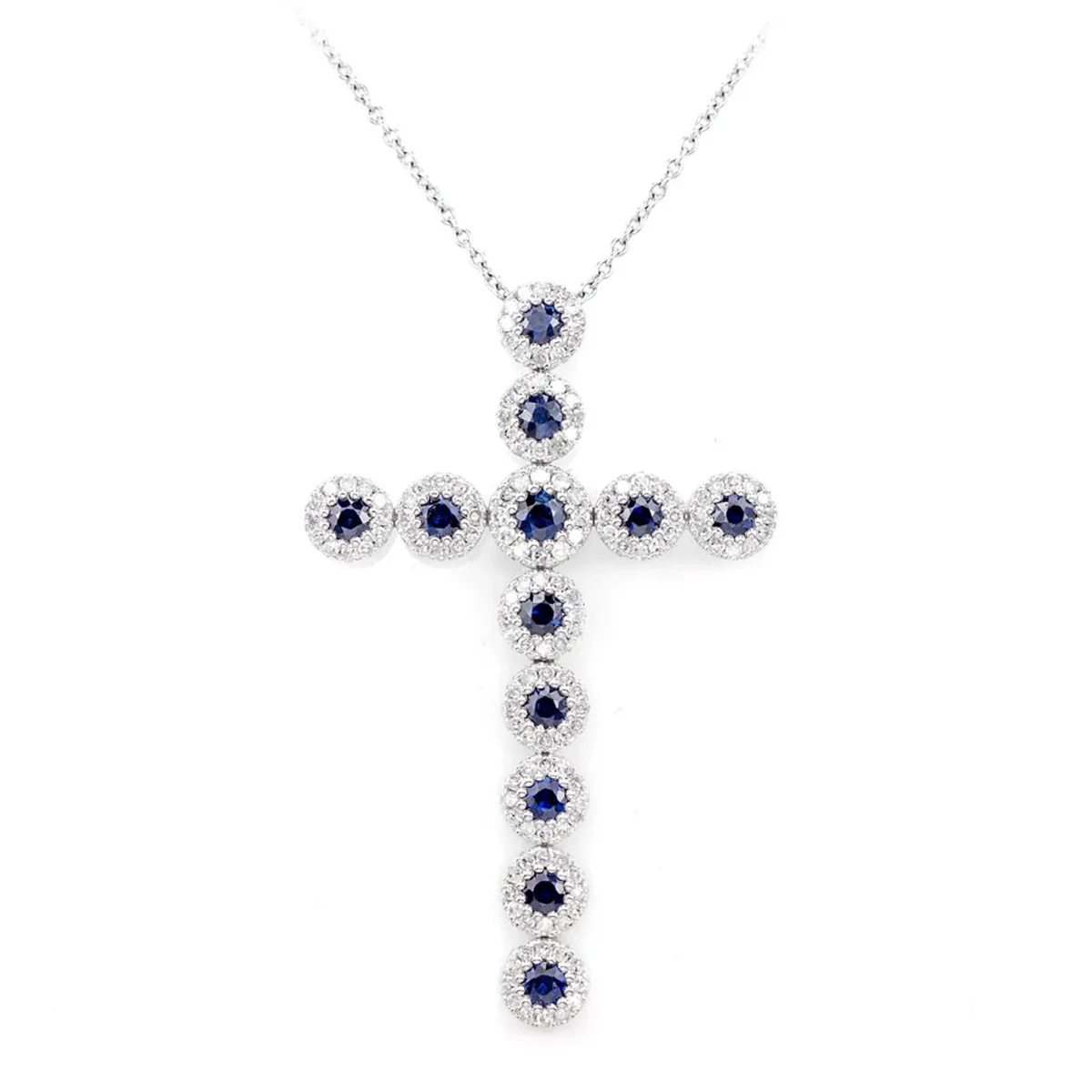 For Him Sapphire and Diamond Halo Cross Necklace in White Gold / Lab Grown Diamond – Necklace