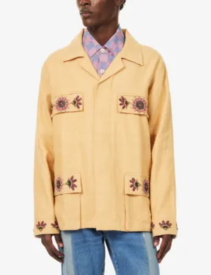 KARTIK RESEARCH Jaisalmer Bead-Embroidered Linen Jacket in BEIGE, additional product view 3