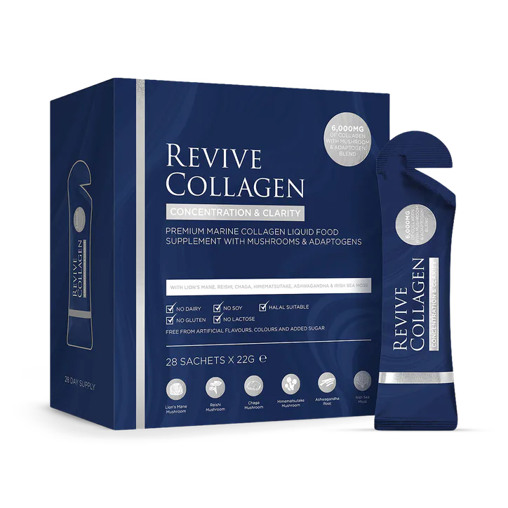 Revive Collagen Concentration & Clarity Functional Mushroom & Adaptogen Blend with 6,000mg of Type 1 Hydrolysed Marine Collagen 28 x 22g Sachets.