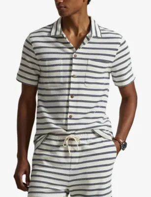POLO RALPH LAUREN Stripe Pointelle Woven Shirt in Pale Cream/newport Navy, additional product view 3