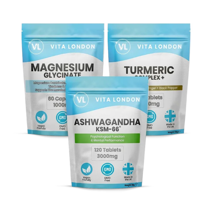 Vita London Sleep Vitamin Bundle 3pk - Ashwagandha KSM-66 Tablets - Turmeric Tablets - Magnesium Glycinate Capsules