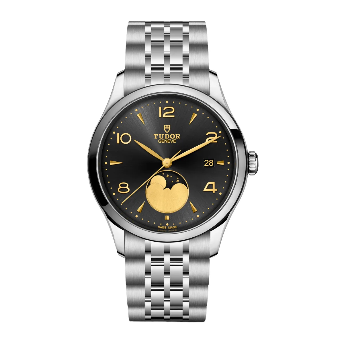 Tudor 1926 Luna 39mm Mens Watch Steel Case Moon Phase Indicator Black Dial