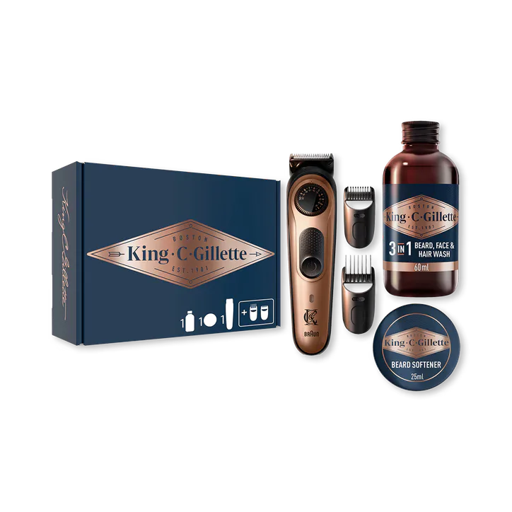 Gillette King C. Gillette Men's Beard Trimmer PRO Gift Set With Precision Wheel, Wash and Balm