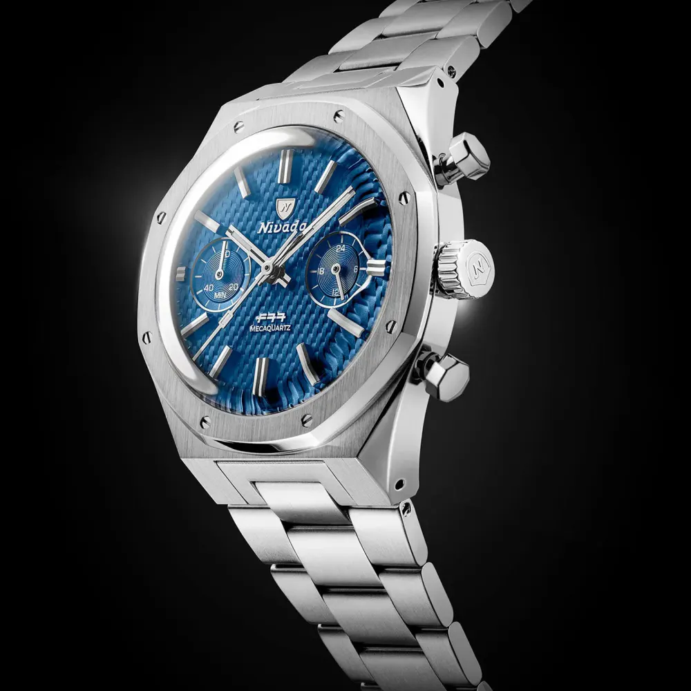 Nivada Grenchen F77 Chrono Mecaquartz MK 38mm Mens Watch Blue in Blue, additional product view 2