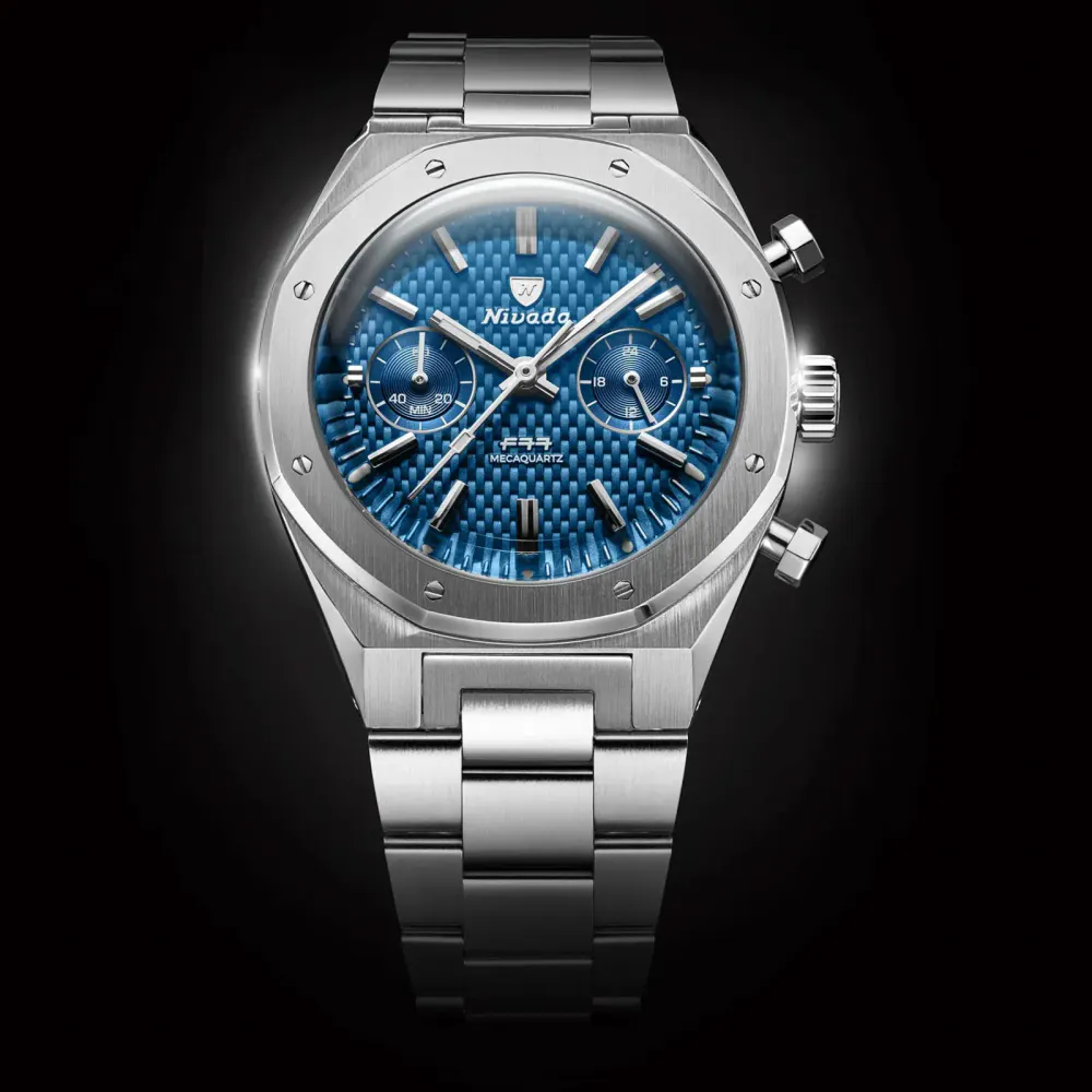 Nivada Grenchen F77 Chrono Mecaquartz MK 38mm Mens Watch Blue in Blue, additional product view 3