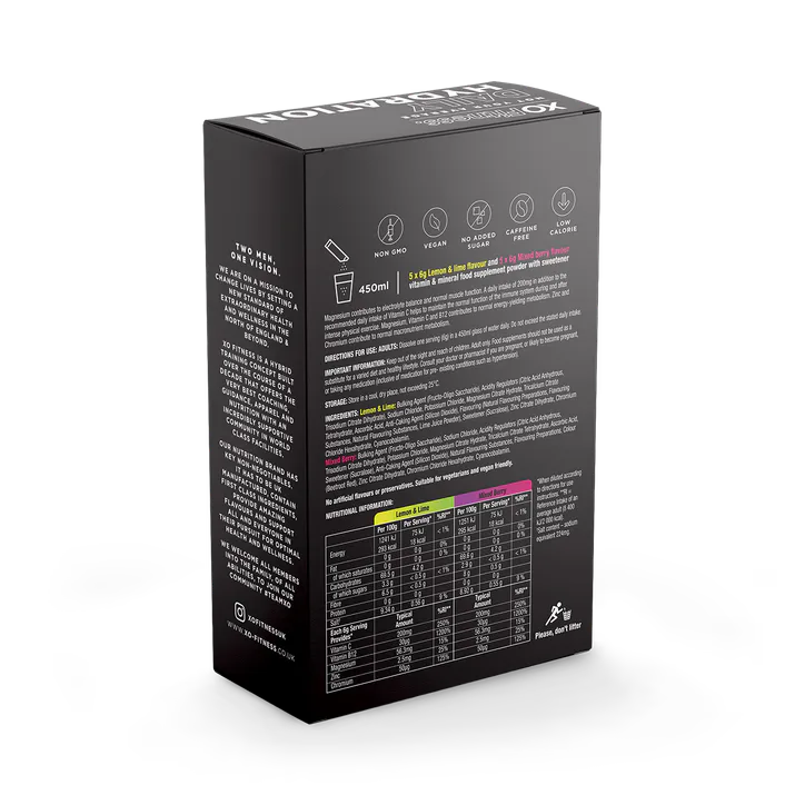 XO Fitness Hydration Sachets - 10 Pack - Mixed Berry x5 / Lemon & Lime x5 detail 2