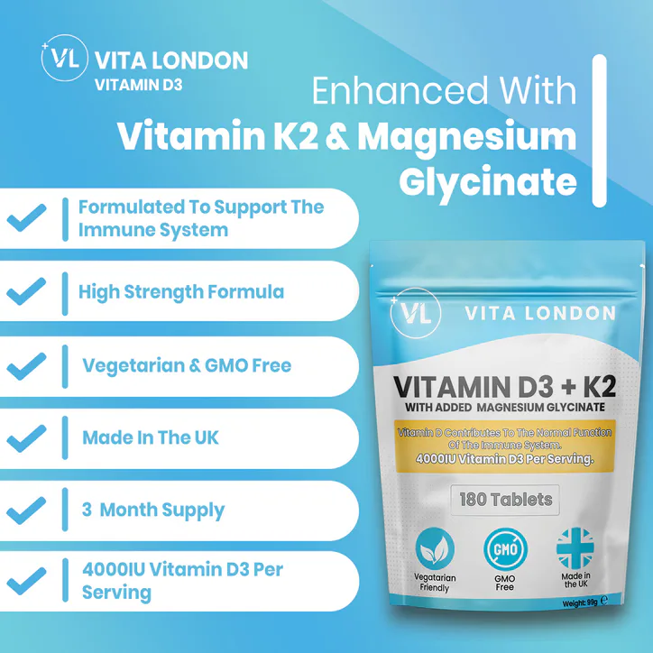 Vita London Vitamin D3 + K2 Supplement 4000IU 180 Tablets detail 3
