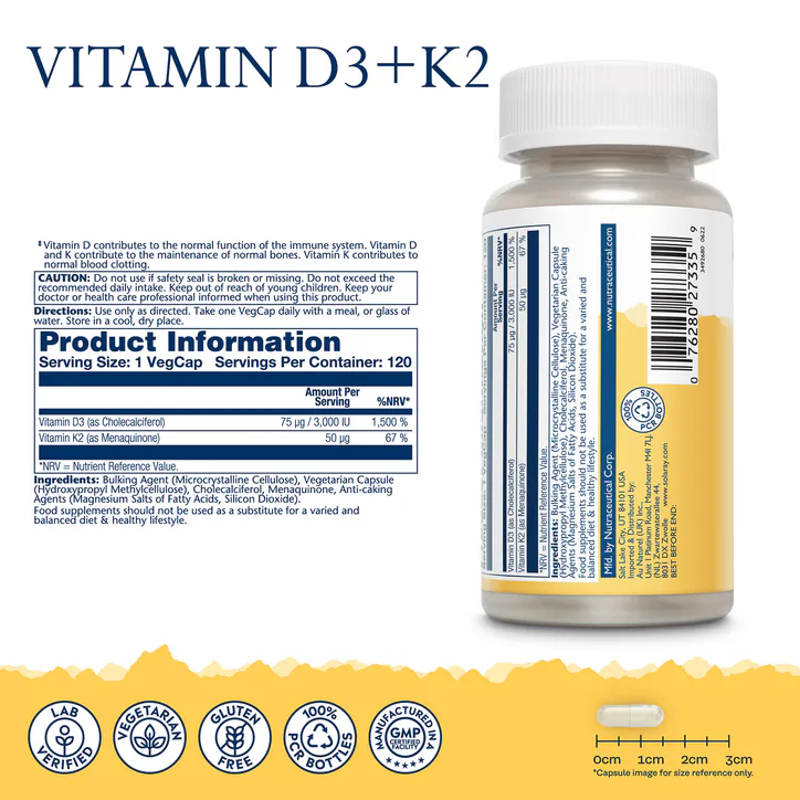 Solaray Vitamin D3 3000 IU & K2 50mcg, Bone, Muscle & Immune Support - 120 Capsules detail 2