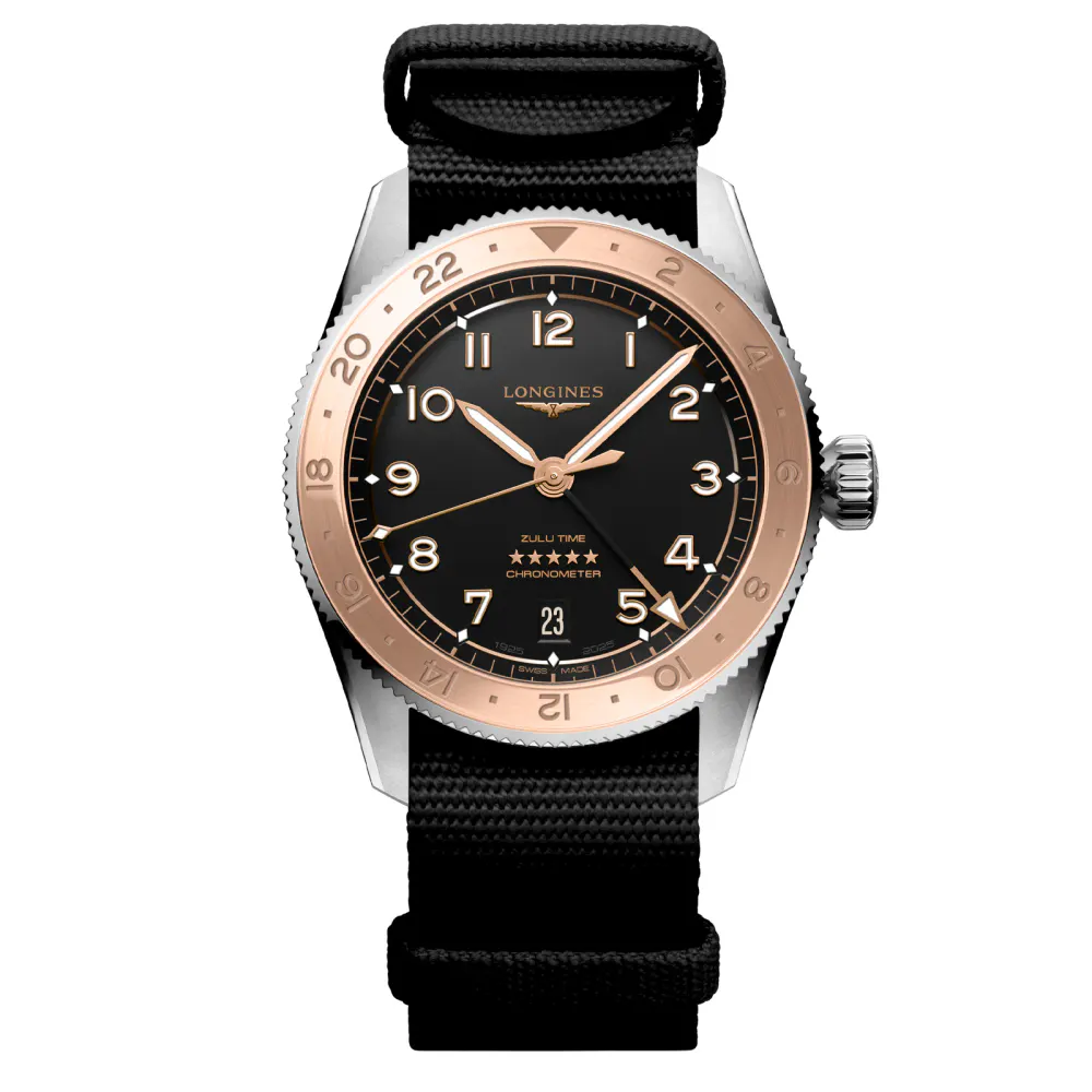 Longines Spirit Zulu Time 1925 39mm Mens Watch Black 18ct Rose Gold detail 2