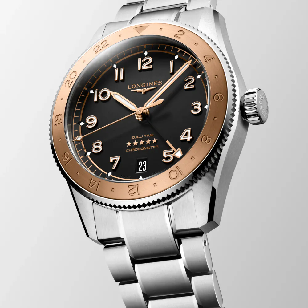 Longines Spirit Zulu Time 1925 39mm Mens Watch Black 18ct Rose Gold detail 3