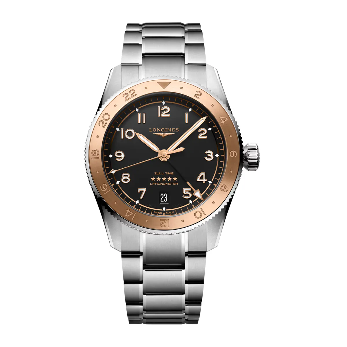 Longines Spirit Zulu Time 1925 39mm Mens Watch Black 18ct Rose Gold