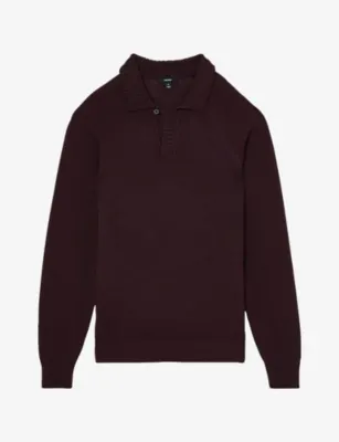 REISS Open-Collar Cotton Polo Jumper - BORDEAUX