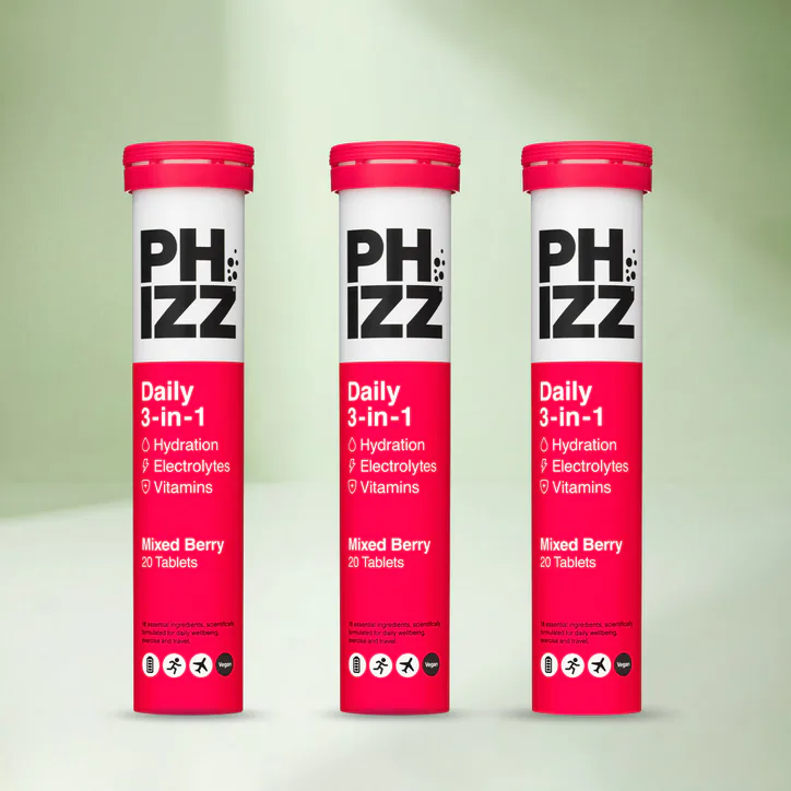 Phizz Daily Energy 3-In-1 Formula, Hydration, Electrolytes & Vitamins Effervescent Tablets Mixed Berry 3 x 20 Tablets Bundle