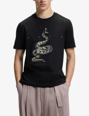 HUGO Snake-Print Short-Sleeved Cotton-Jersey T-Shirt detail 3