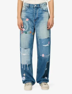 NAHMIAS Wipeout Embroidered-Patches Denim Jeans in INDIGO, additional product view 3