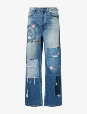 NAHMIAS Wipeout Embroidered-Patches Denim Jeans in INDIGO – Mens | Jeans | Tapered