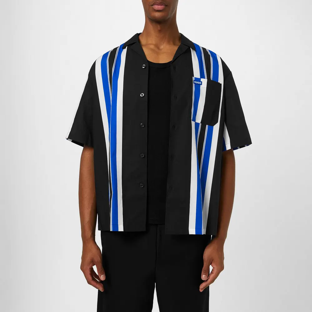 Hugo Men's Eligino Blue Short Sleeve Patterned Shirt in Black 001, additional product view 2