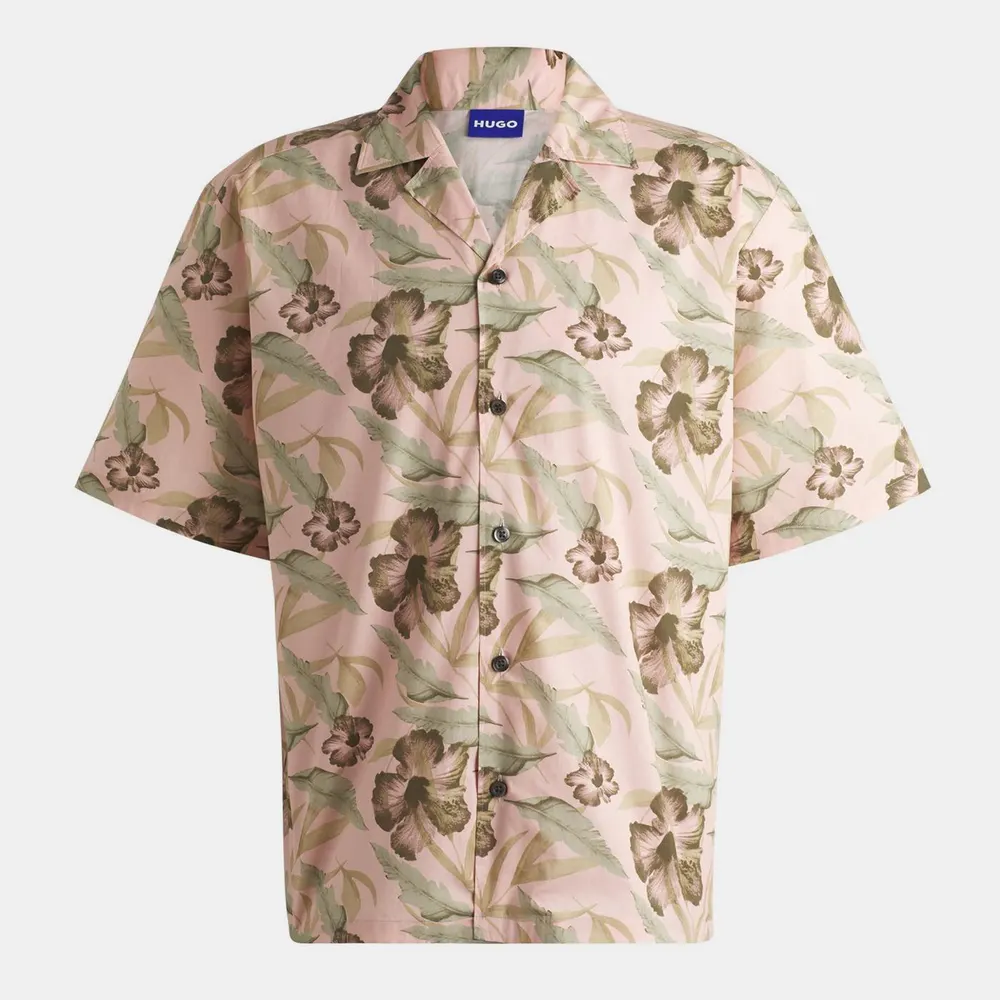 Hugo Men's Eligino Blue Short Sleeve Patterned Shirt in Pas Pink 680 – Clothing