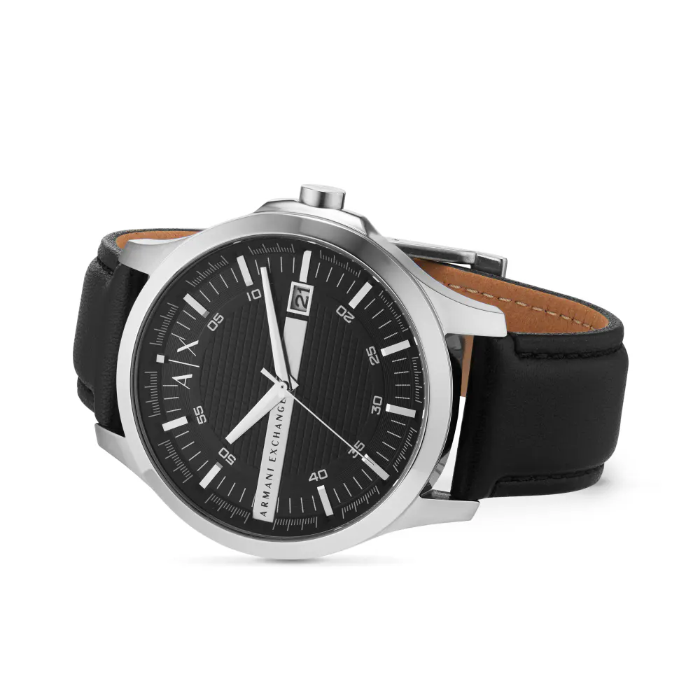 Armani Exchange Three-Hand Date Black Leather Mens Watch detail 2