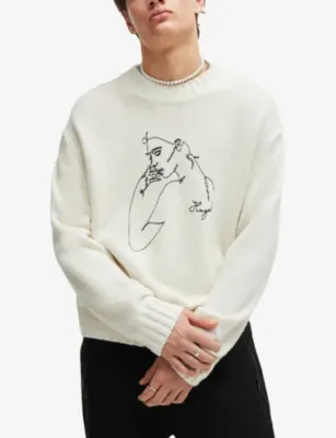 HUGO Face-motif relaxed-fit wool-blend jumper detail 3