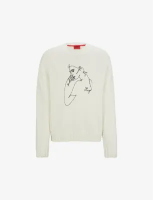 HUGO Face-motif relaxed-fit wool-blend jumper