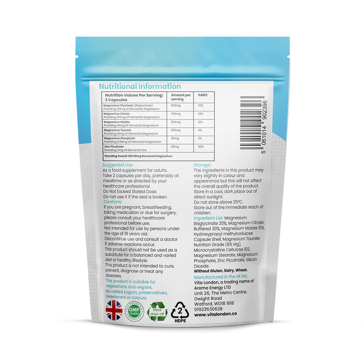 Vita London Magnesium 6 in 1 Complex Bisglycinate, Citrate, Malate 1500mg 60 Capsules detail 2