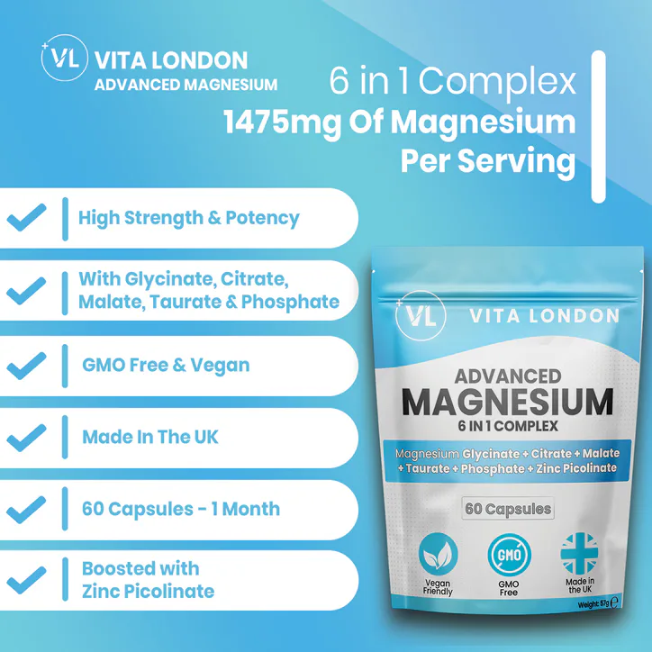 Vita London Magnesium 6 in 1 Complex Bisglycinate, Citrate, Malate 1500mg 60 Capsules detail 3
