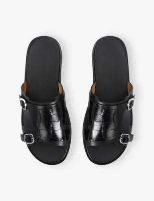 SANTONI Double-Buckle Croc-Effect Leather Monk Sandals - EUR 42 / 8 UK MEN in BLACK, additional product view 2