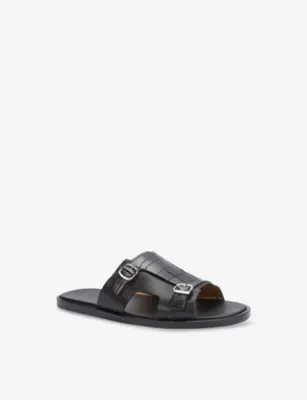 SANTONI Double-Buckle Croc-Effect Leather Monk Sandals - EUR 42 / 8 UK MEN in BLACK, additional product view 3
