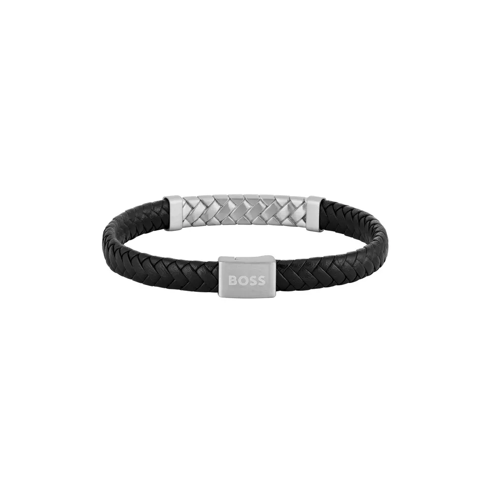BOSS Gents BOSS Tailored Black Leather & Stainless Steel Herringbone Bracelet detail 3