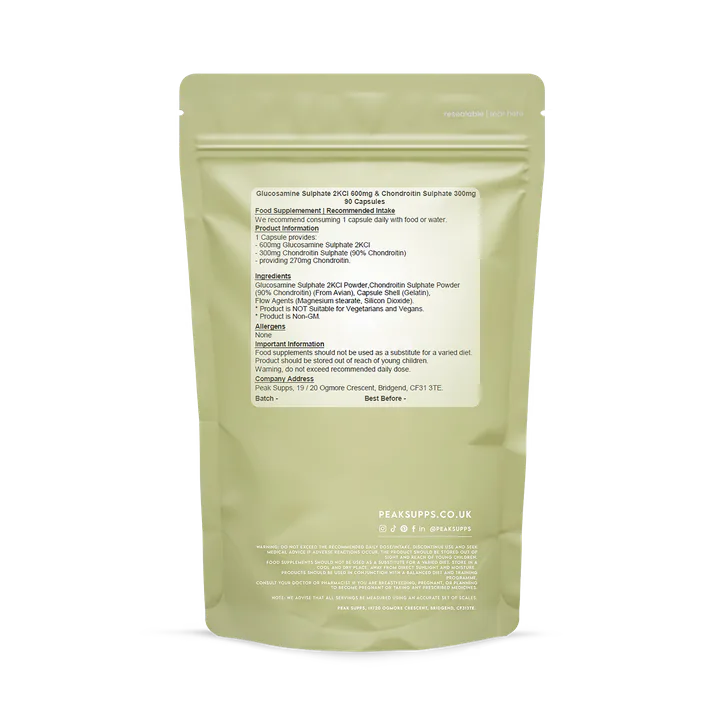 Peak Supps Glucosamine Sulphate 2KCl 600mg and Chondroitin Sulphate 300mg Capsules x 90, additional product view 2