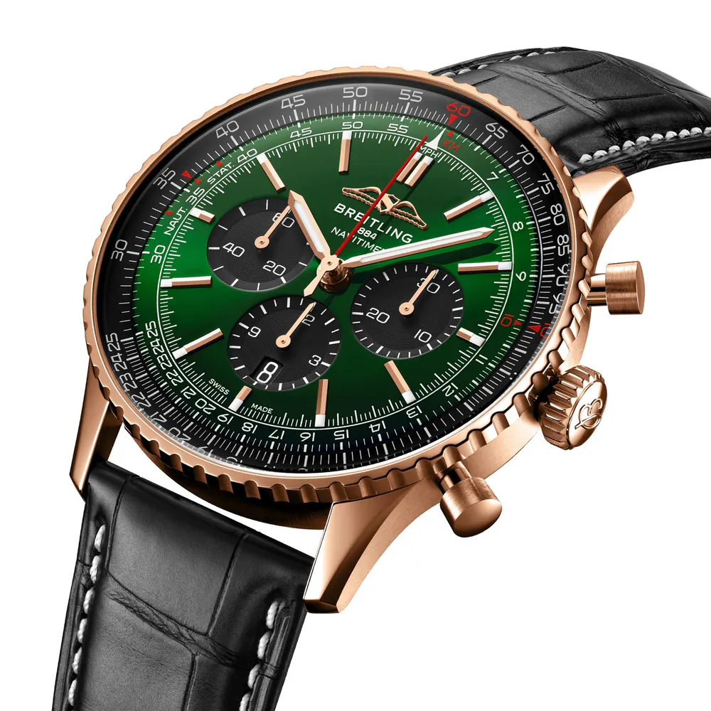 Breitling Navitimer Chronograph 18ct Rose Gold 46mm Mens Watch Green Alligator detail 2