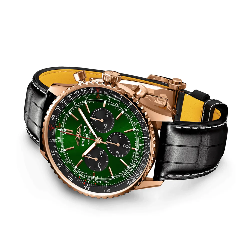Breitling Navitimer Chronograph 18ct Rose Gold 46mm Mens Watch Green Alligator detail 3