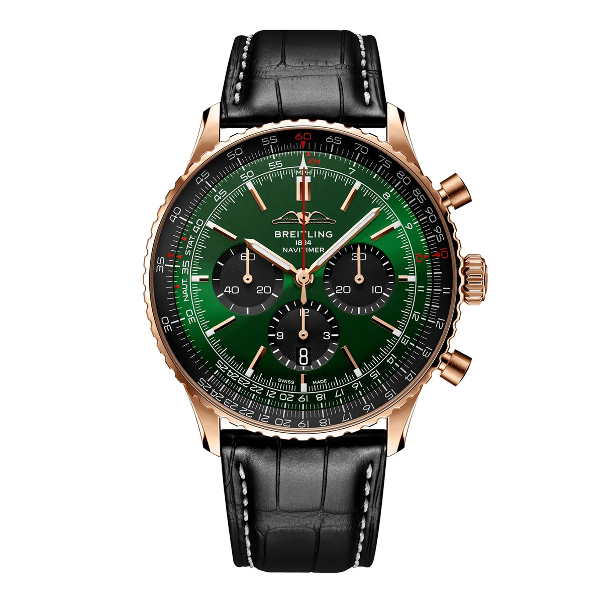 Breitling Navitimer Chronograph 18ct Rose Gold 46mm Mens Watch Green Alligator